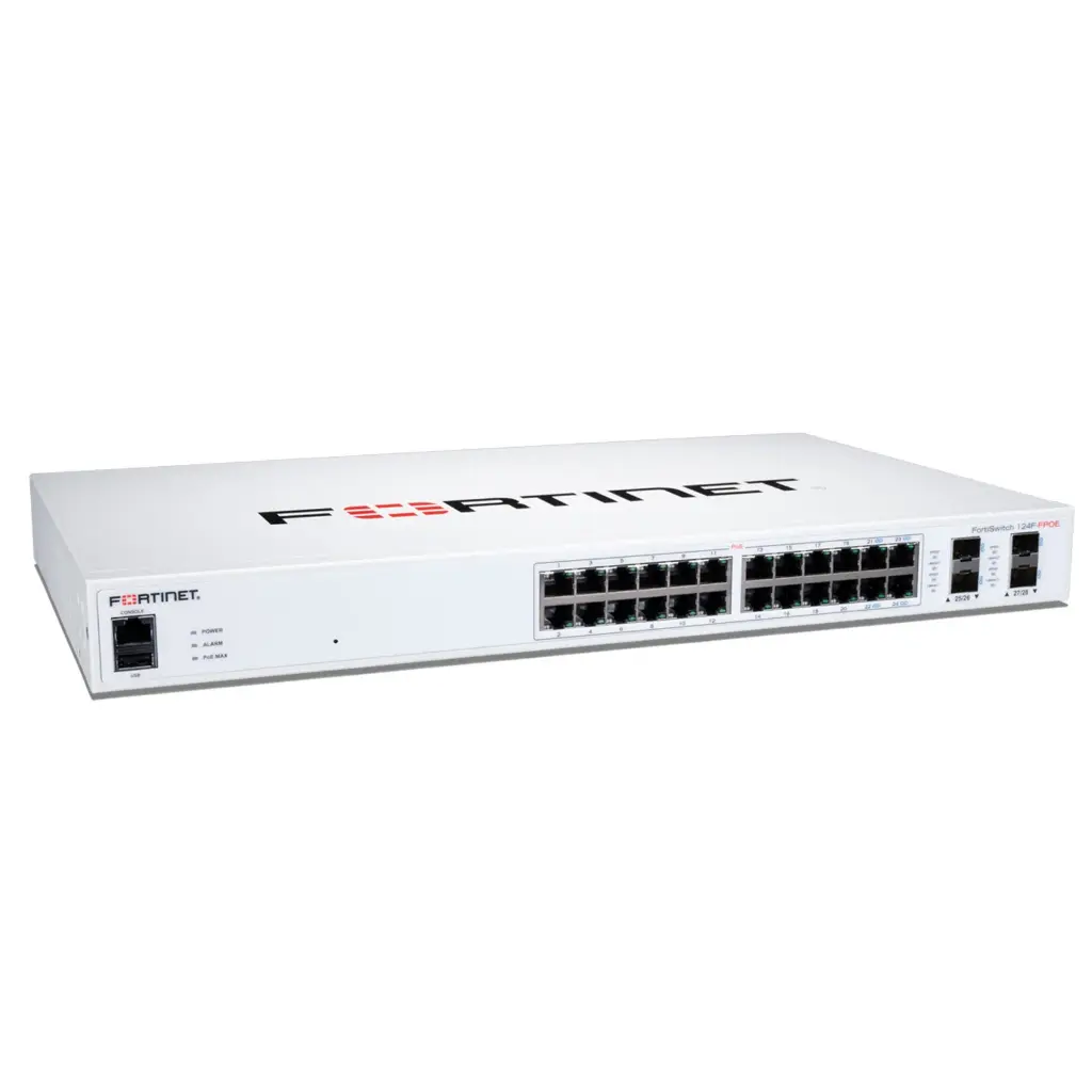 FS-124F-FPOE Layer 2 switch controller compatible PoE+ switch with 24x 1G RJ45 with PoE+ and 4x 10G/1G SFP+/SFP ports and 1x RJ45 console port. Max 370W PoE output limit with smart fan/temperature control.  